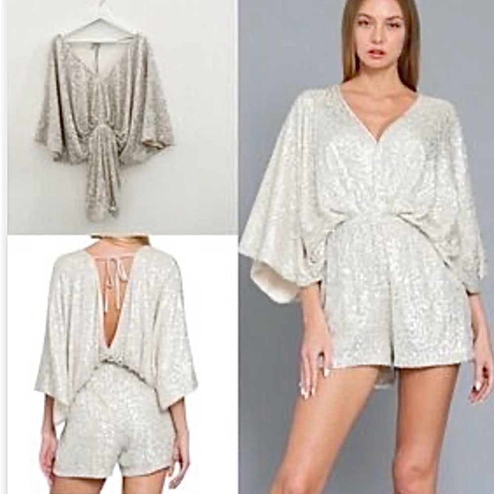 Aakaa Kimono Sleeve V-Neck Romper M Gray/Ivory